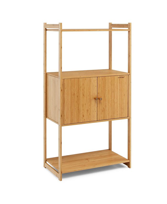 Costway Bamboo Bathroom Freestanding Tall Storage Shelf Unit w/2 Doors & Shelves Macy's