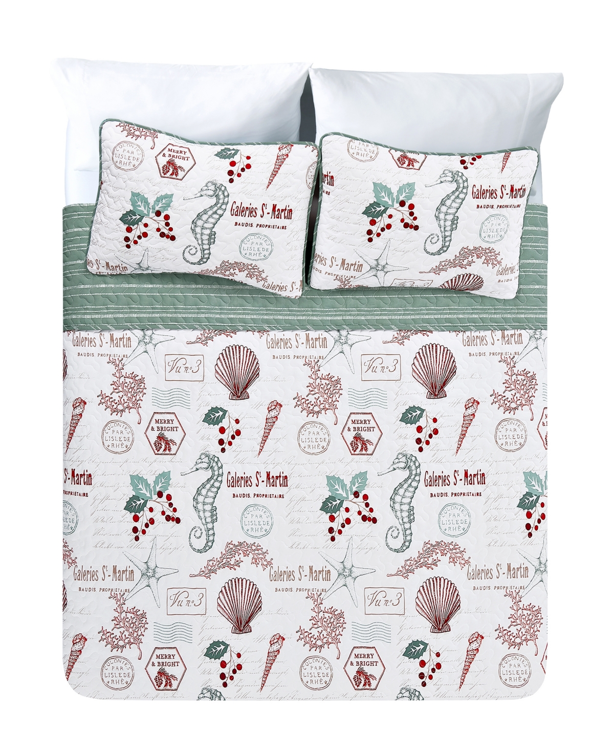 Videri Home Holiday Writing Reversible 3-piece Quilt Set, Full/queen In Green,red