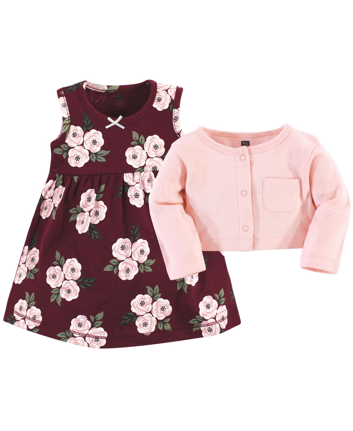 Hudson Baby Toddler Girls Cotton Dress and Cardigan 2pc Set,- Burgundy floral