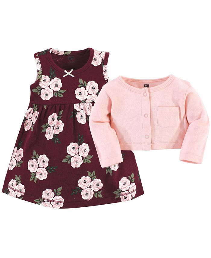 Hudson Baby Toddler Girls Cotton Dress and Cardigan 2pc Set, Burgundy