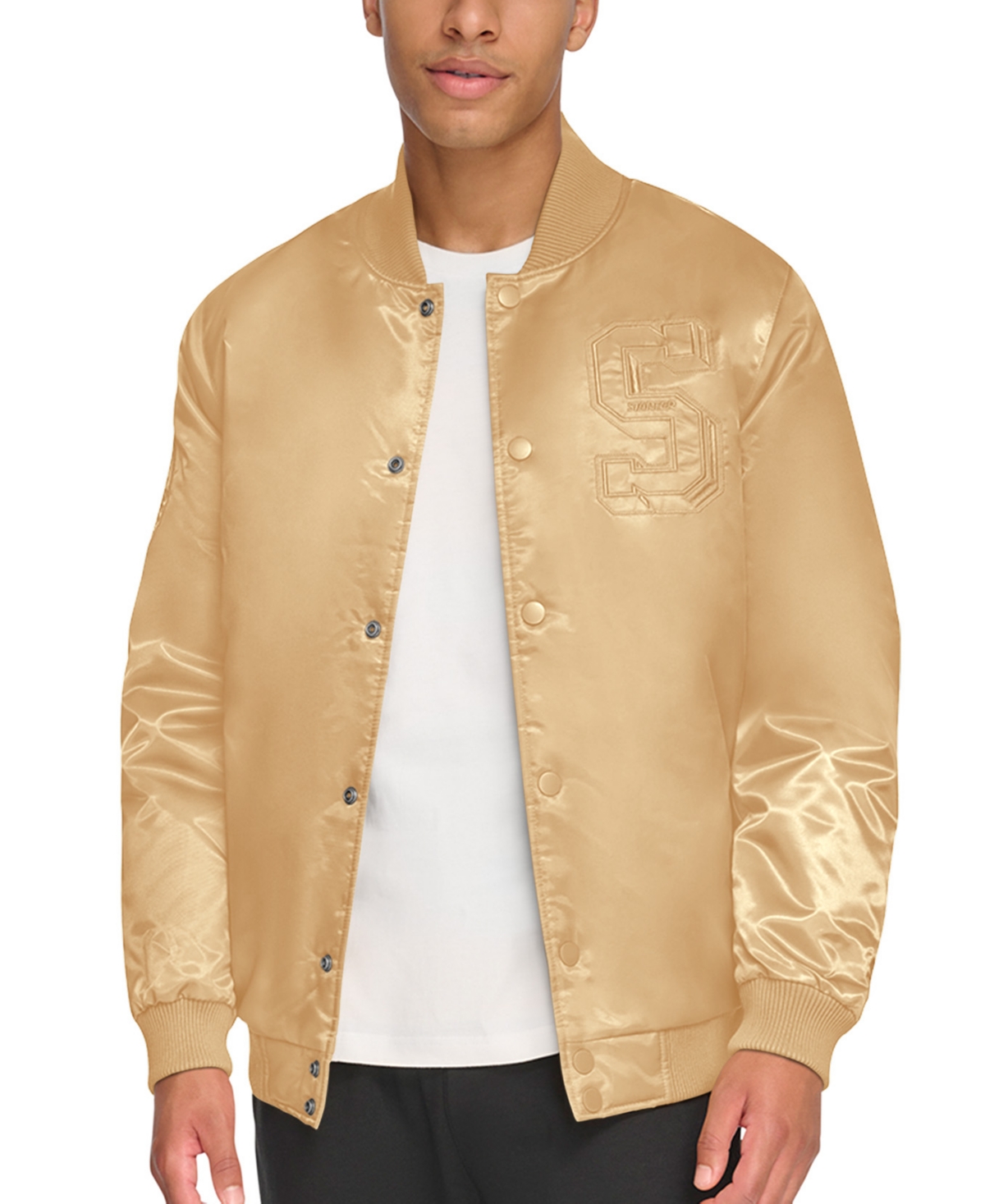 Shop Starter Men's Classic-fit Tonal Satin Varsity Bomber Jacket In Gold