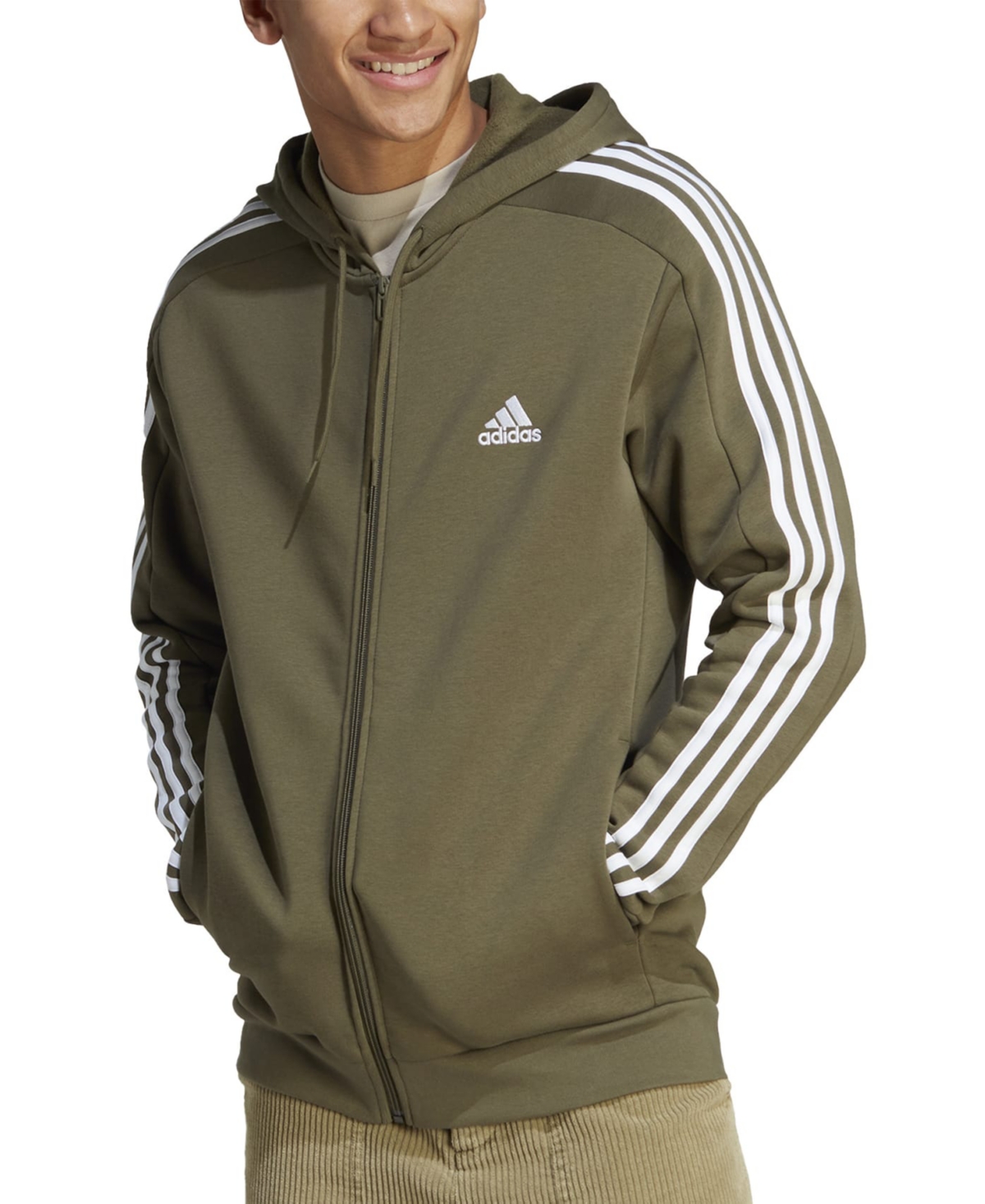 Shop Adidas Originals Men's Essentials 3-stripes Regular-fit Full-zip Fleece Hoodie, Regular & Big & Tall In Olive,wht