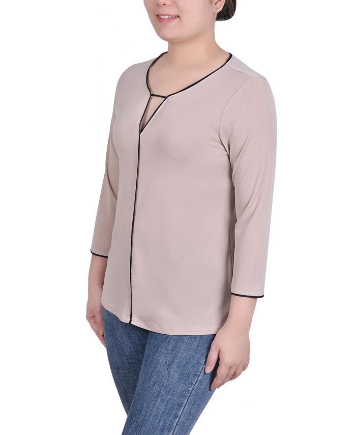 Top Femme En Dentelle Beige Avec Strass, Taille M, Manches 3/4 - NY Collection, Occasion Très Bon état