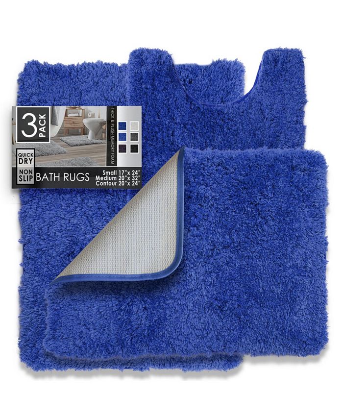 Clara Clark Bathroom Rugs, Shaggy Plush Bath Mat, Ultra Soft Non Slip Backing Rubber. 3 Piece Set, Blue