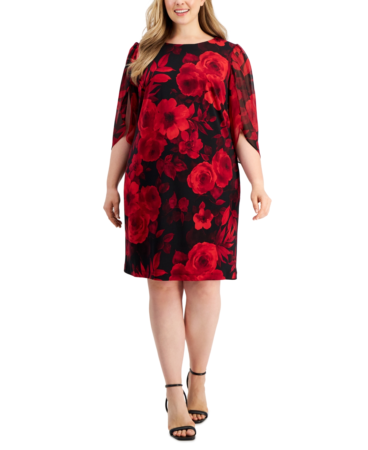 Connected Plus Size Chiffon Tulip-sleeve Floral-print Sheath Dress In Red