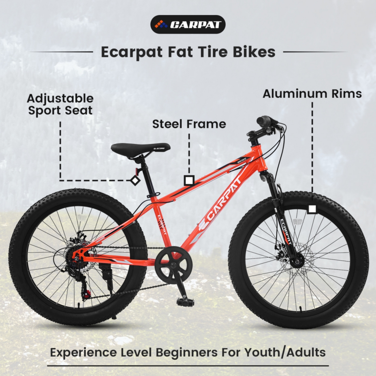 Simplie Fun S24109 Elecony Fat Tire Bike Adult/Youth Full Shimano 7 Speeds Mountain Bike, Dual Disc Brake, High-Carbon Steel Frame, Front Susp