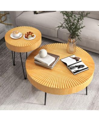 Farmhouse Round Coffee Table Set of 2 End Table Natural Finish for Living Room