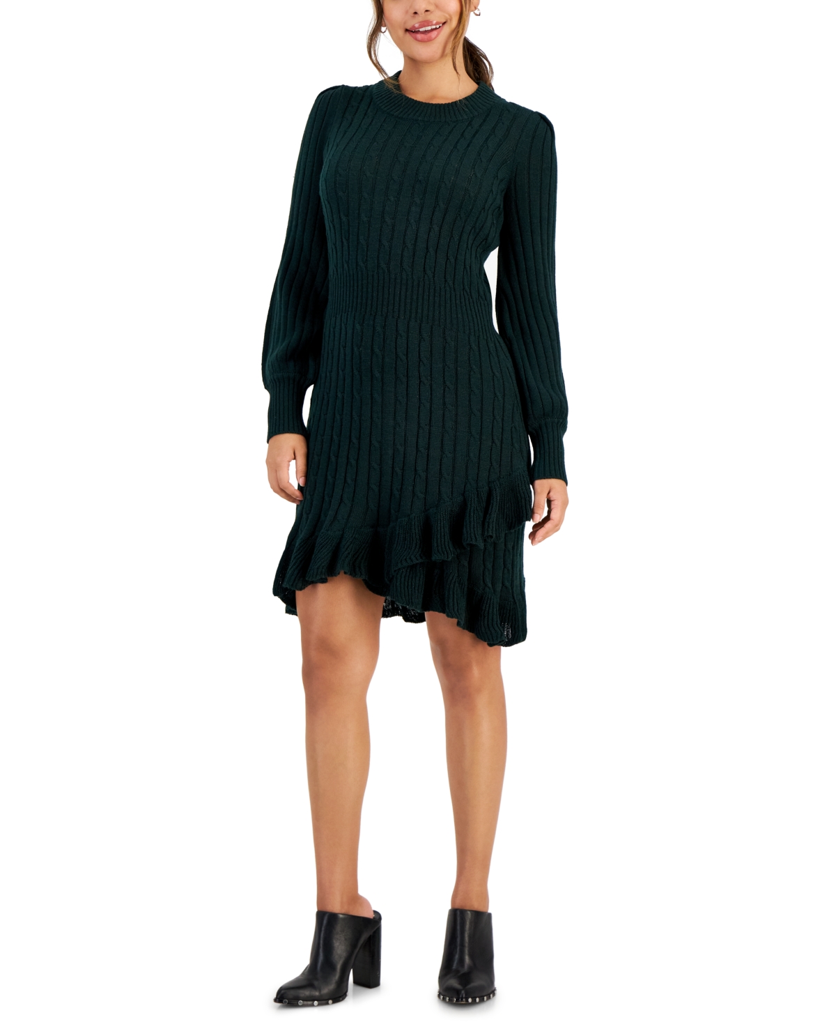 Taylor Petite Ruffled-hem Cable-knit Sweater Dress In Hunter