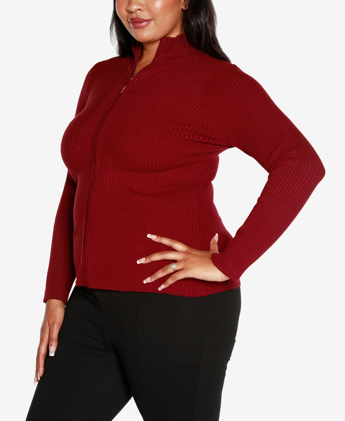 Belldini Black Label Plus Size Mock Neck Ribbed Zip Up Sweater