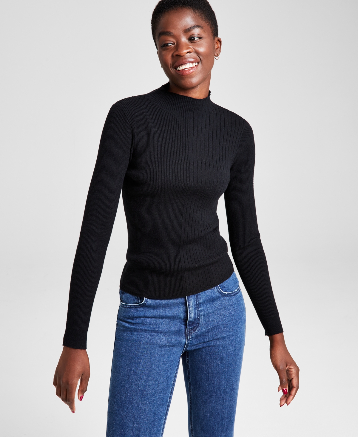 And Now This Women's Ribbed Mockneck Sweater, Created For Macy's In Black