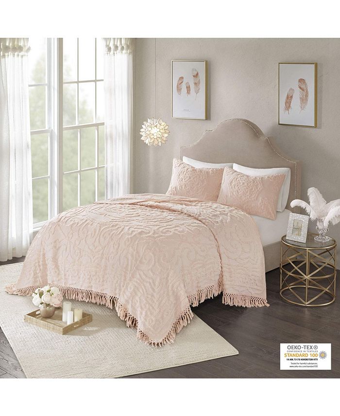 Gracie Mills Tufted Cotton Chenille Medallion Fringe Coverlet Mini Set
