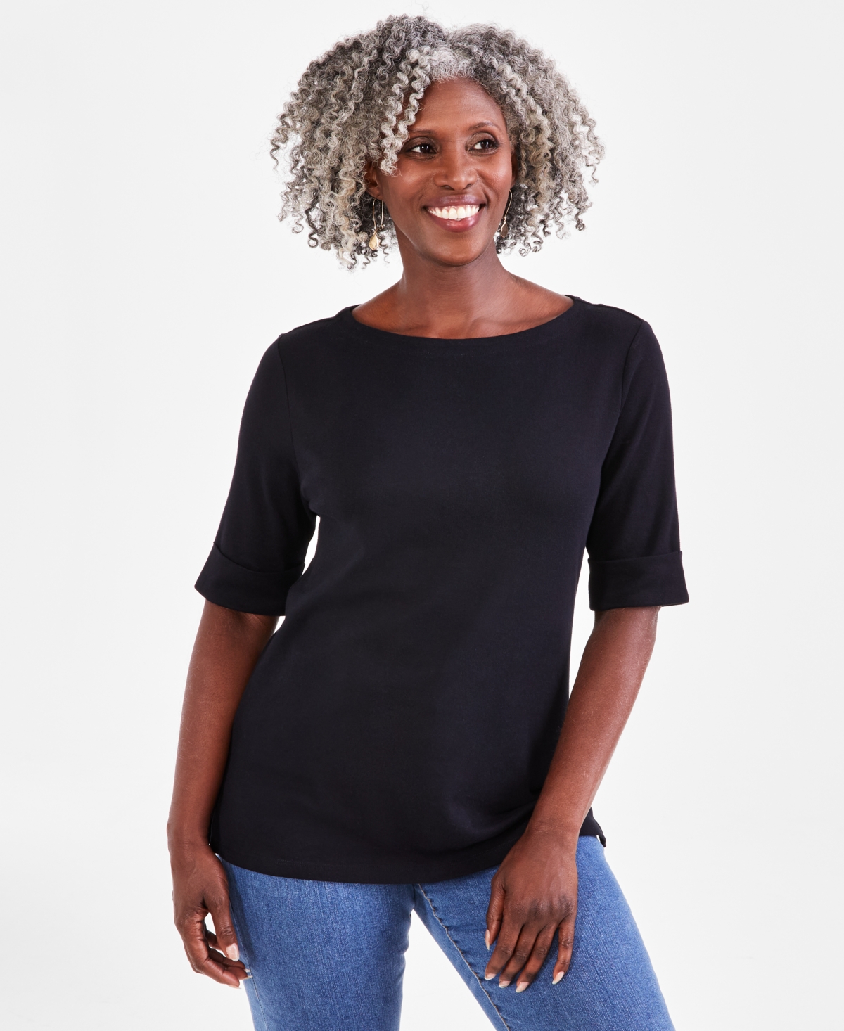 Style & Co Women's Boat-neck Elbow Sleeve Cotton Top, Xs-4x, Created For Macy's In Deep Black