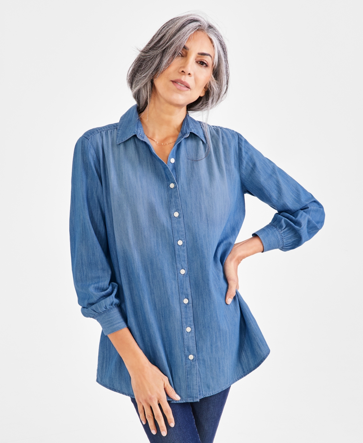Style & Co Petite Cotton Chambray Long-sleeve Boyfriend Tunic, Created For Macy's In Modern Wash