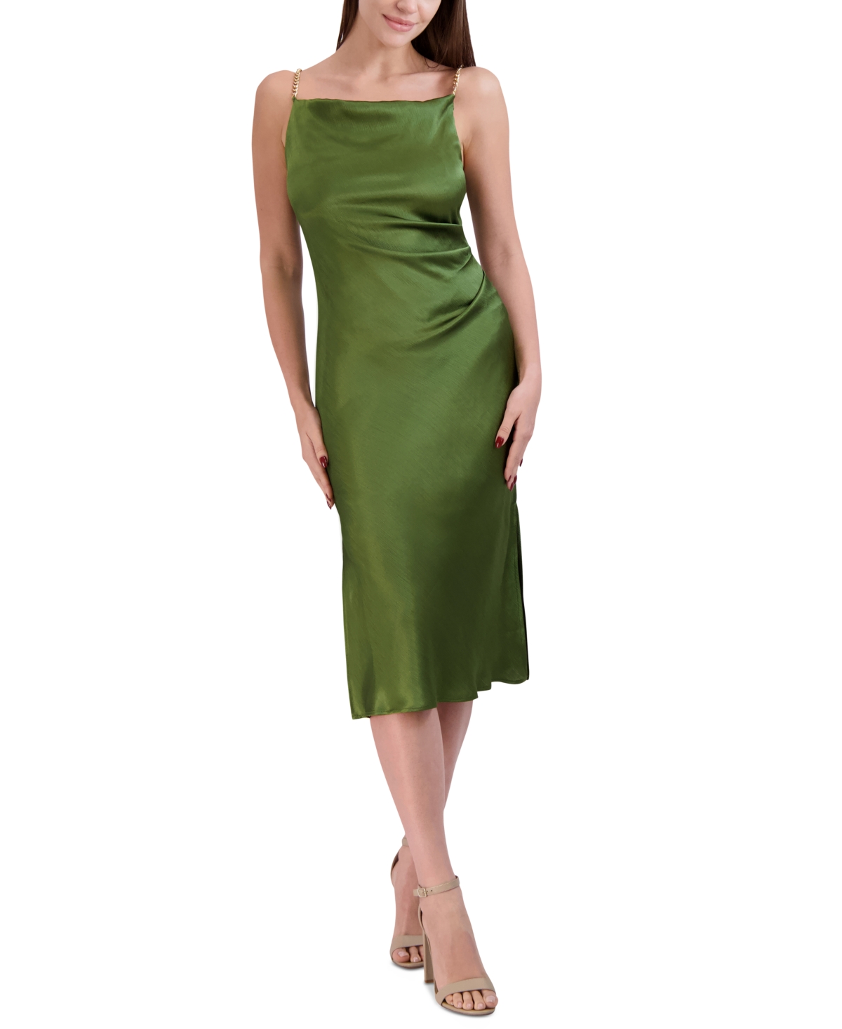 bcbgeneration green dress BCBG Size 12 Silk Mixed Fabrics Halter Mid Calf  Sui Generis Designer Consignment ties at back BCBGeneration Satin Slip Dress -