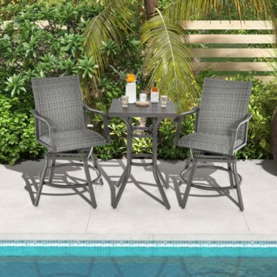 3PCS Patio Rattan Bar Table Stools Set Aluminum 360° Swivel Chairs with Padded Seat