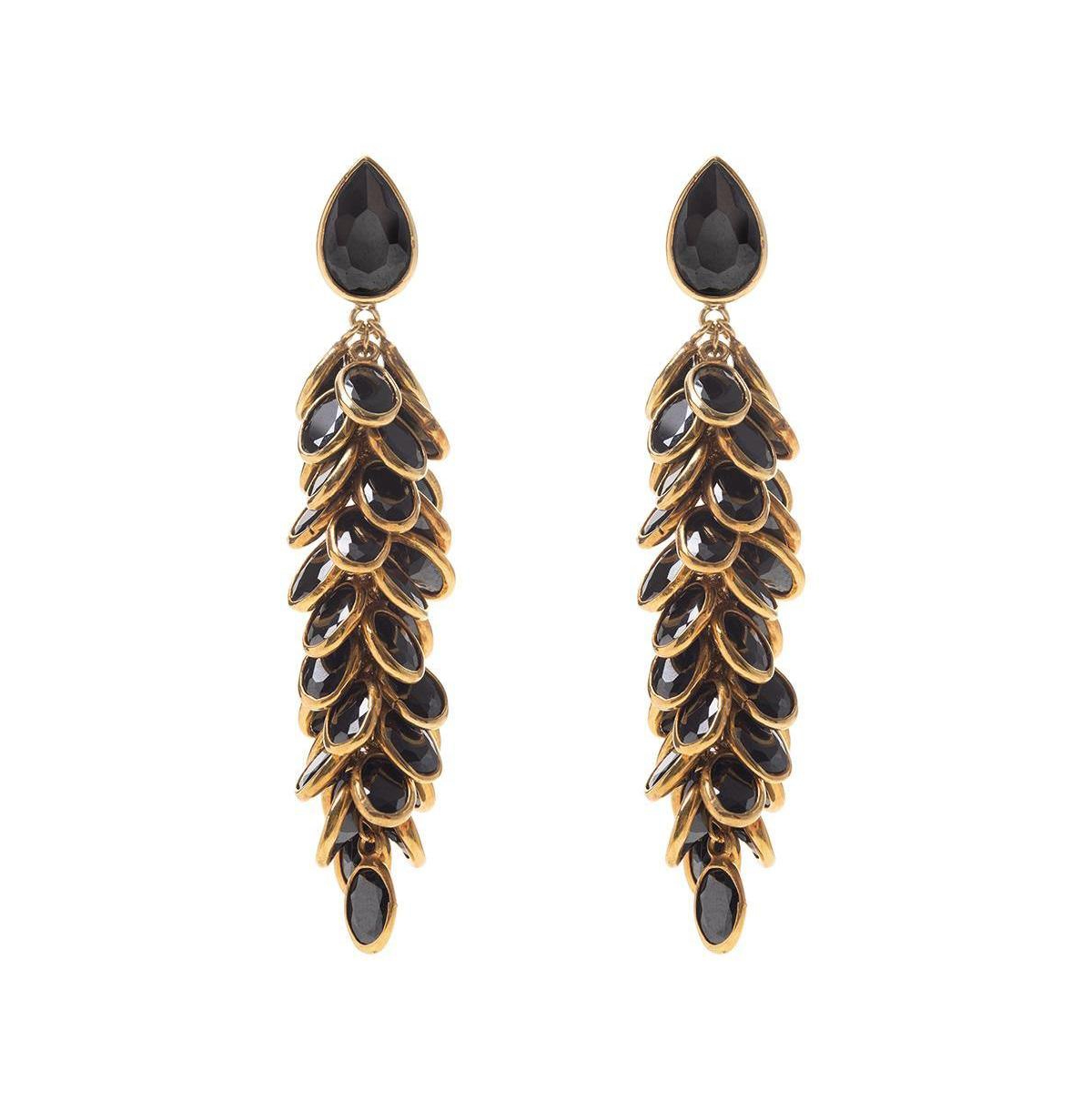 Gold And Black Crystal Long Drop Earrings - Gold