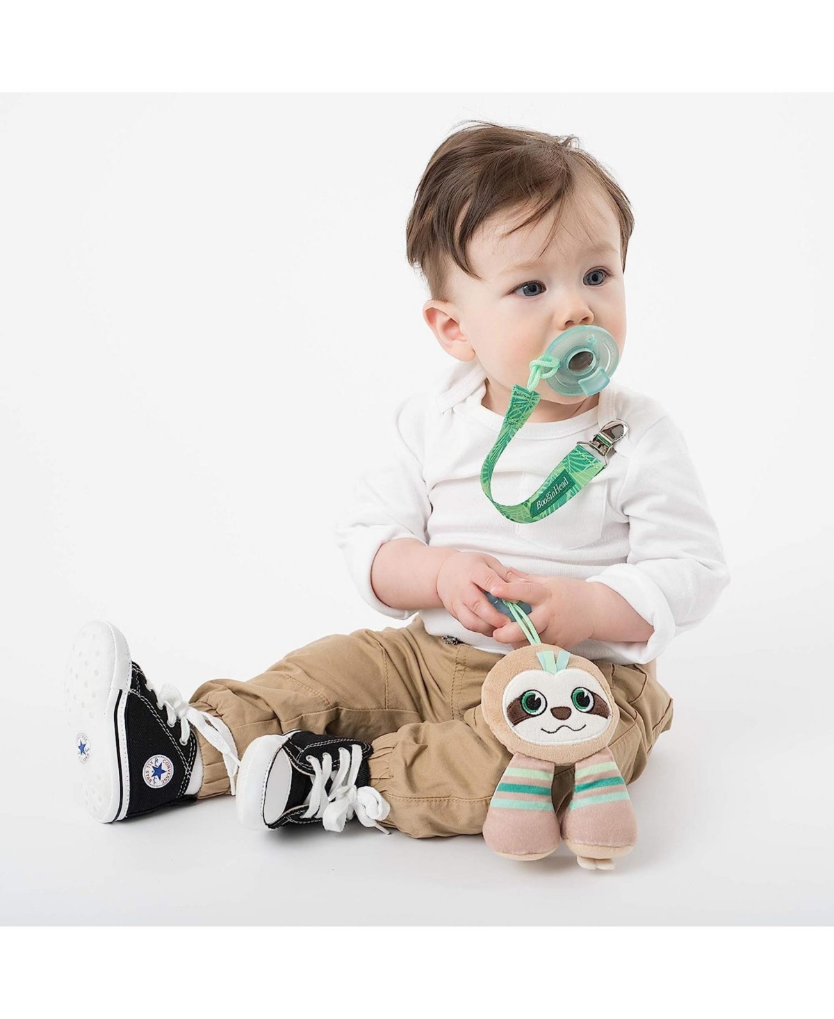 BooginHead Baby Pacifier Holder Stuffed Animal and Baby Pacifier Clip, 2-Pack Elephants & Sloth - Assorted Pre-pack