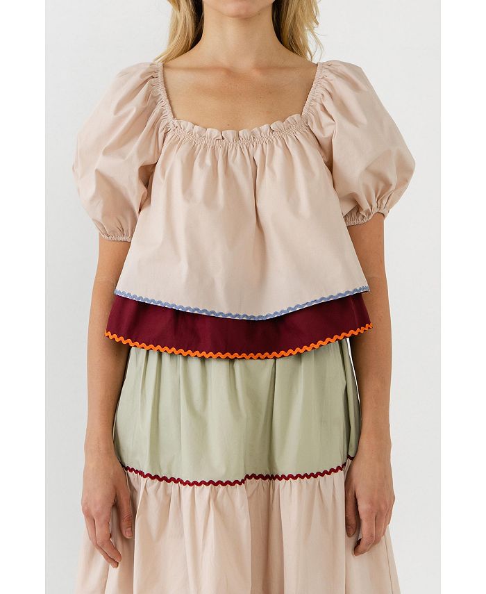 Pre-Order White Colorblock Rickrack Trim Short Sleeve Drawstring Waist Long Dress main image 1