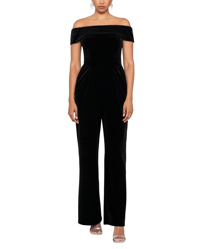 XSCAPE Women's Velvet Off-The-Shoulder Straight-Leg Jumpsuit - Macy's