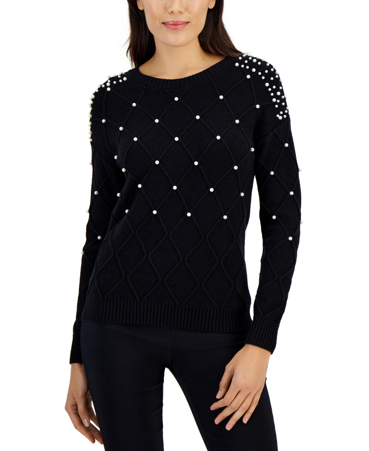 Women's Imitation Pearl Diamond-Stitch Crewneck Sweater - Black