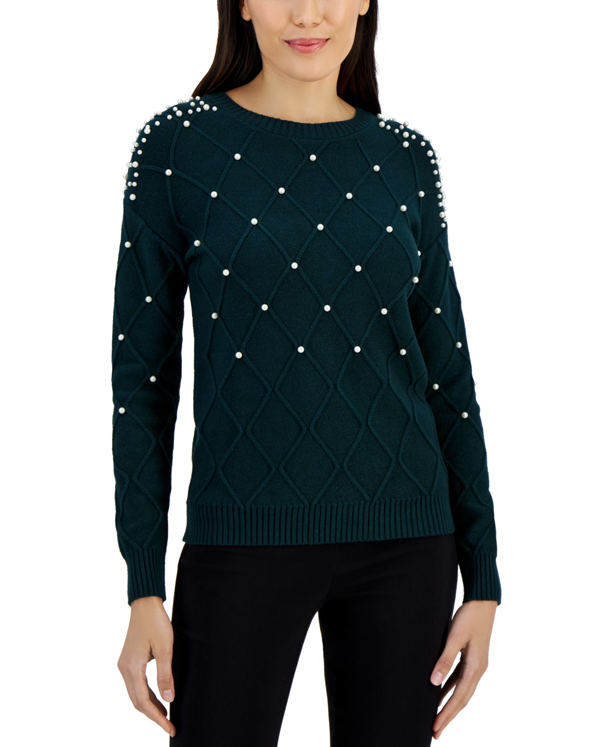 Women's Imitation Pearl Diamond-Stitch Crewneck Sweater - Ponderosa Pine