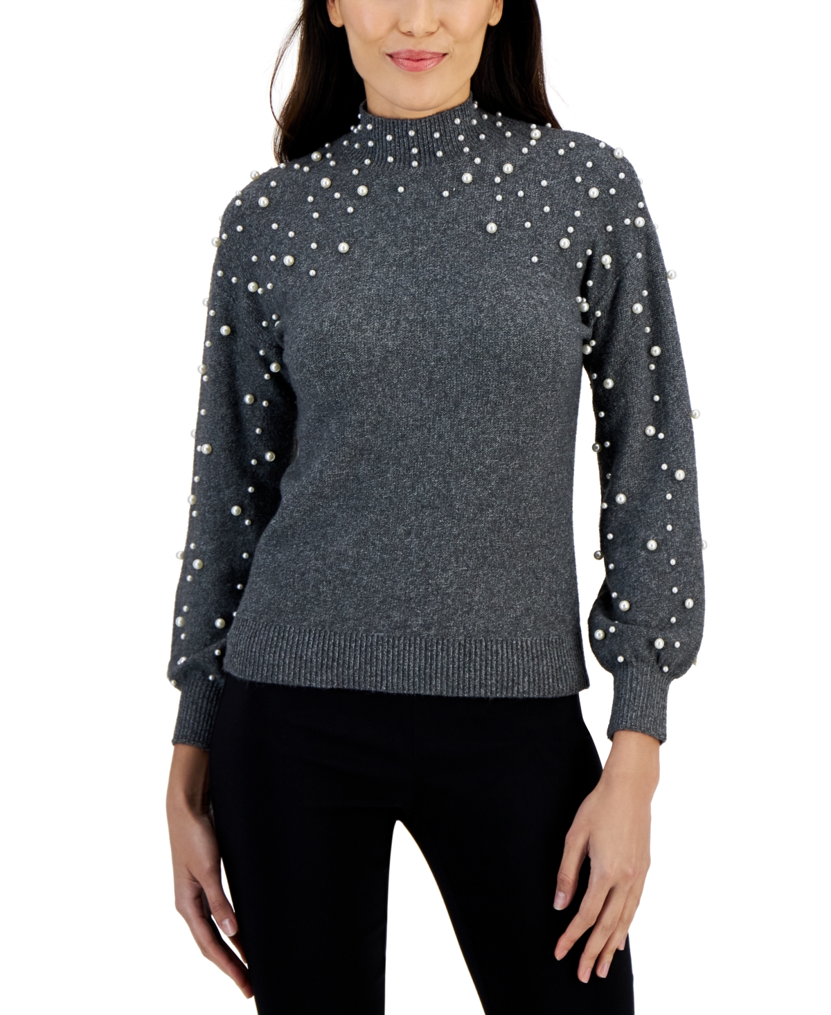 Jpr Studio Women's Imitation Pearl Mock-neck Blouson-sleeve Sweater In Heather Charcoal