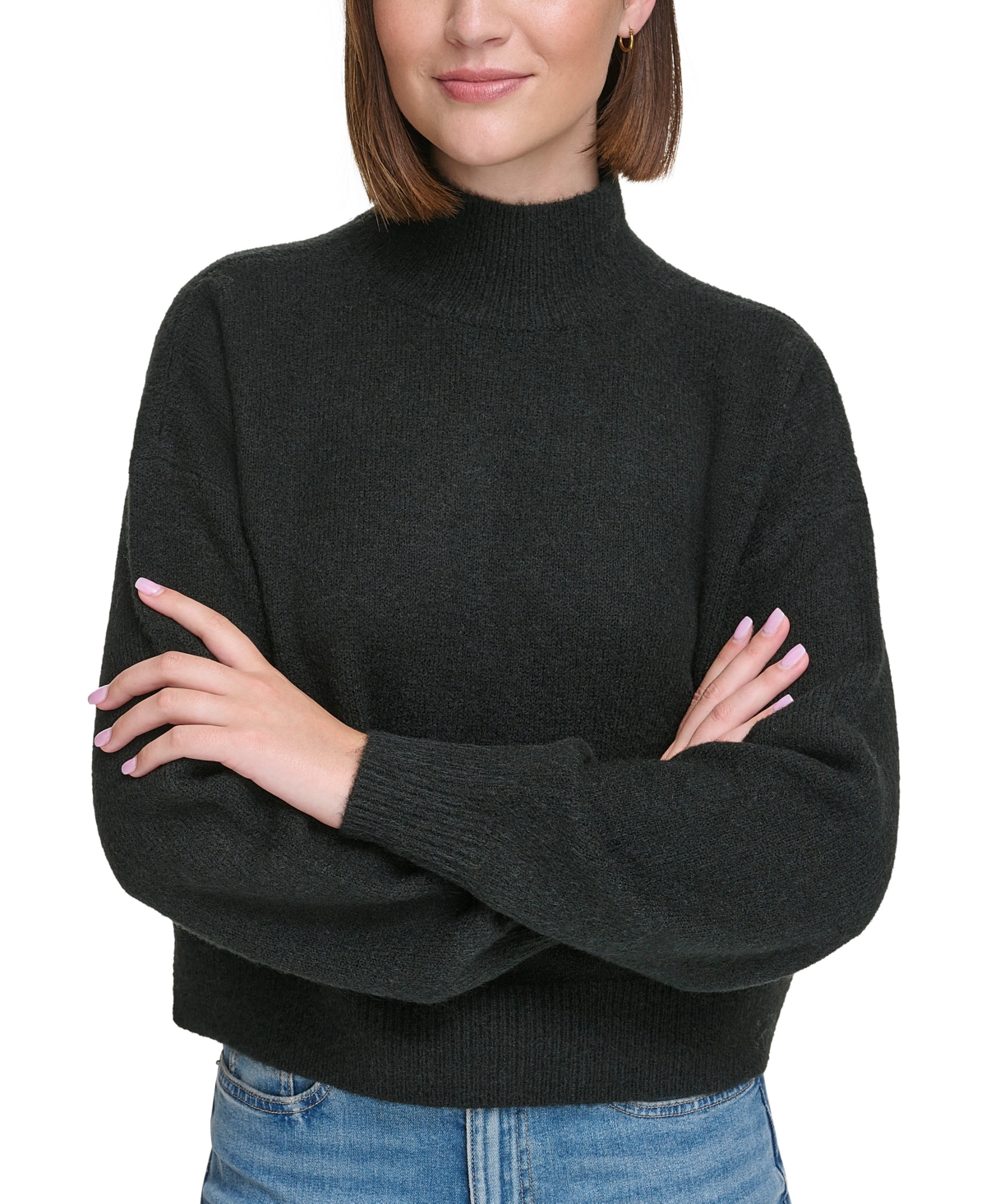 Calvin Klein Jeans Est.1978 Women's Boxy Cropped Long Sleeve Mock Neck Sweater In Black