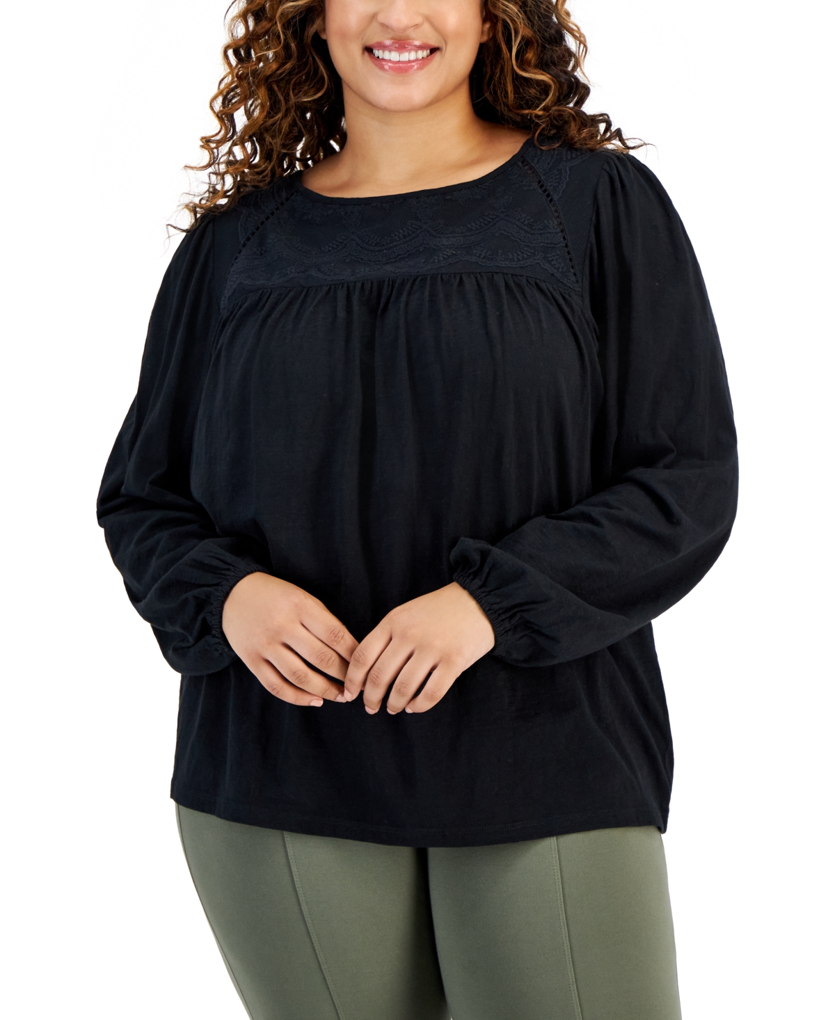 Style & Co Plus Size Lace Knit Top, Created For Macy's In Deep Black
