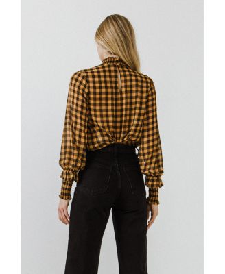Women's Checker Blouse with Mock Neck