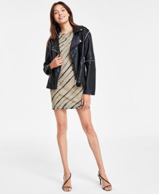 dkny faux leather dress Dkny Belted Long Sleeve Faux Leather Moto Minidress In Black