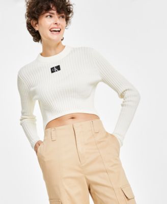 Women's Cotton Logo Cropped Long Sleeve High Crew Neck Top