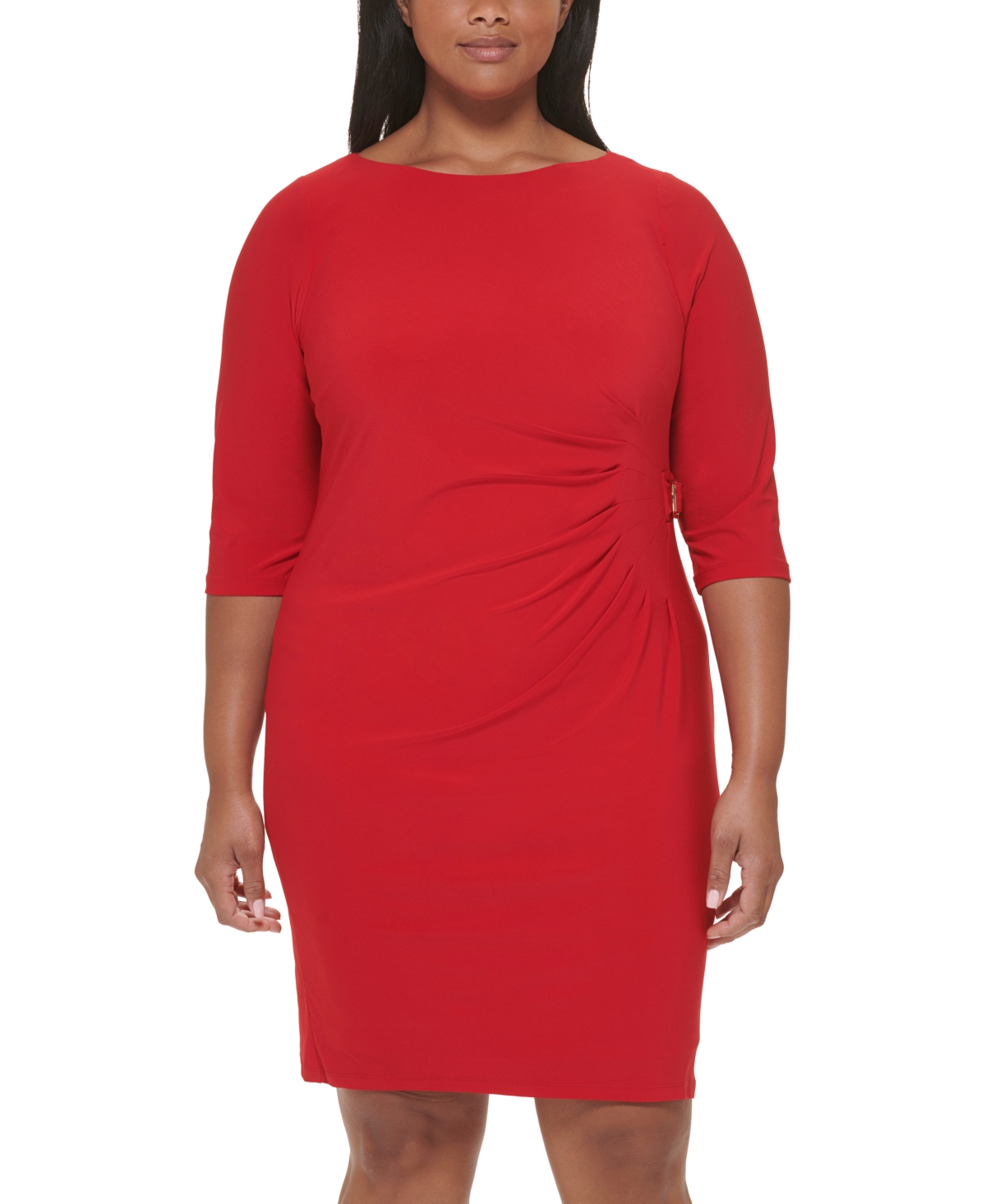 Plus Size Hardware-Trimmed Side-Pleated Dress - Red
