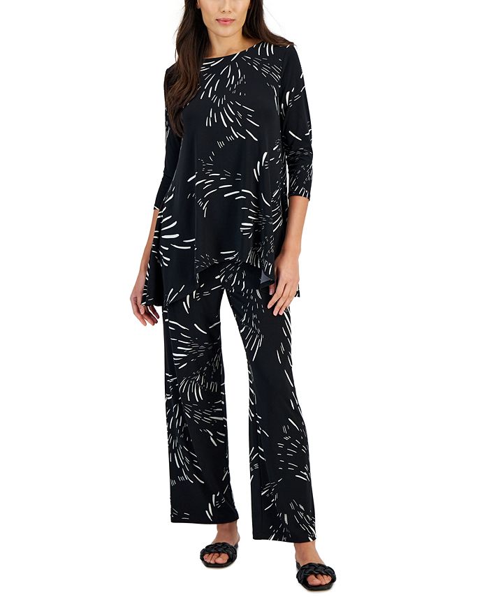 JM Collection Women's Printed 3/4-Sleeve Swing Top & Wide-Leg Pull-On ...