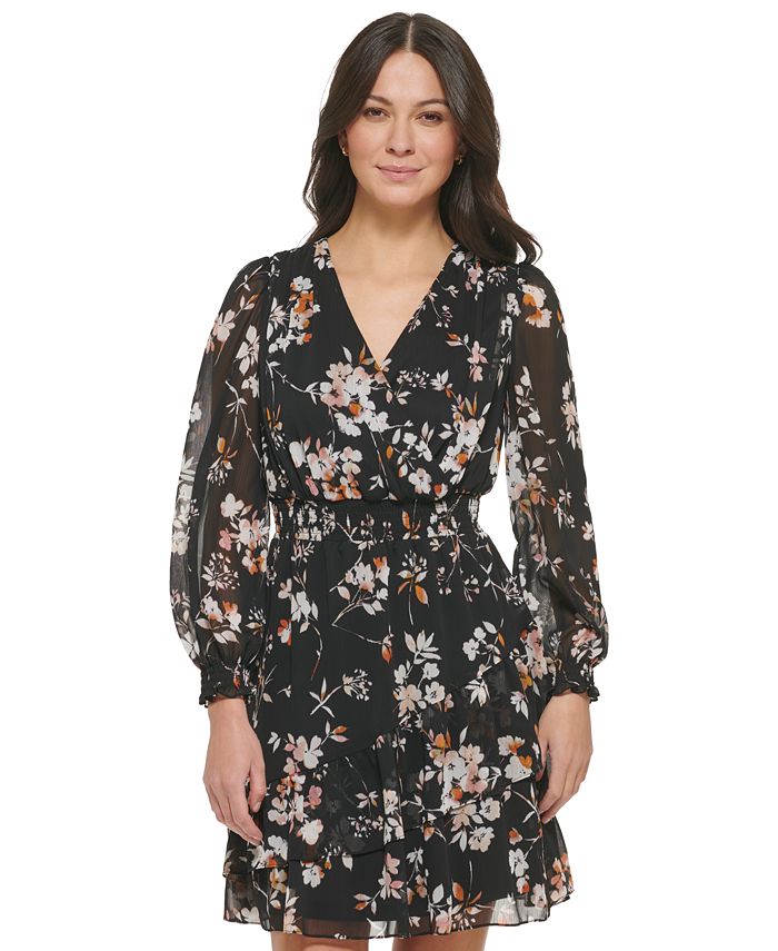 DKNY Women's Floral-Print Smocked Fit & Flare Dress - Macy's