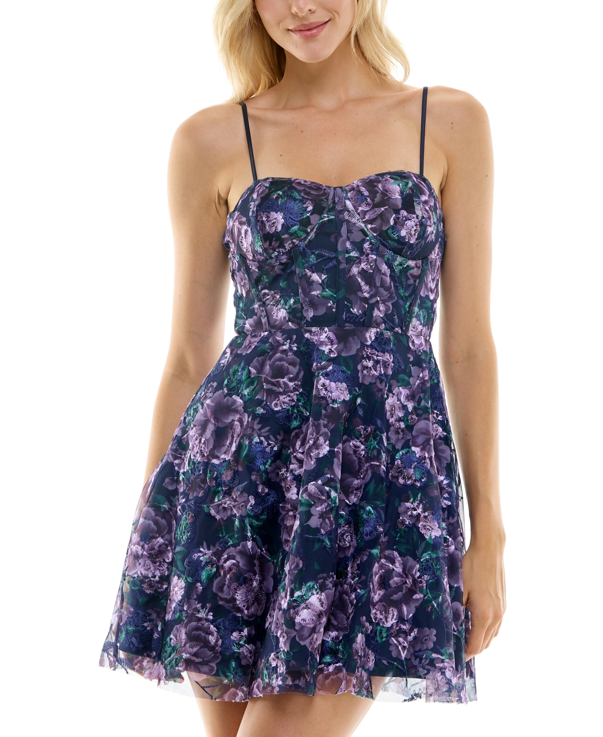 Trixxi Juniors' Embroidered Printed Mesh Fit & Flare Dress In Navy Floral