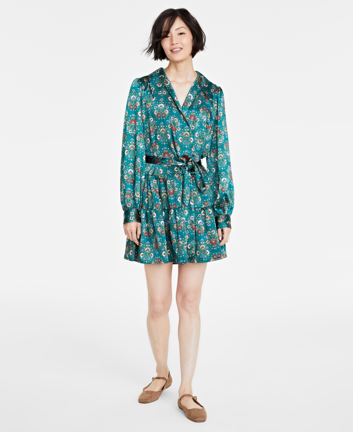 On 34th Women's Floral-print Satin Collared Wrap Dress, Created For Macy's In Green Cmb