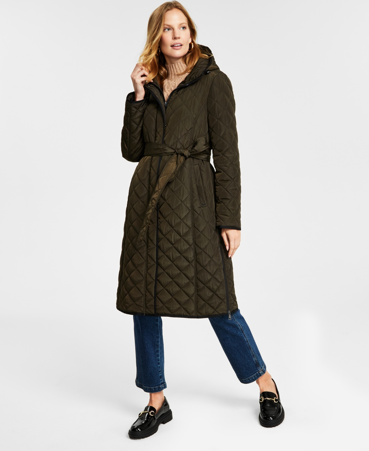 Dkny Women's Hooded Belted Quilted Coat In Loden