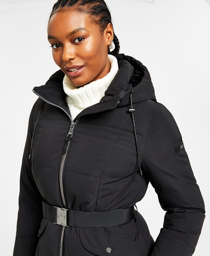 DKNY Women's MixedMedia Belted Hooded Maxi Puffer Coat Macy's