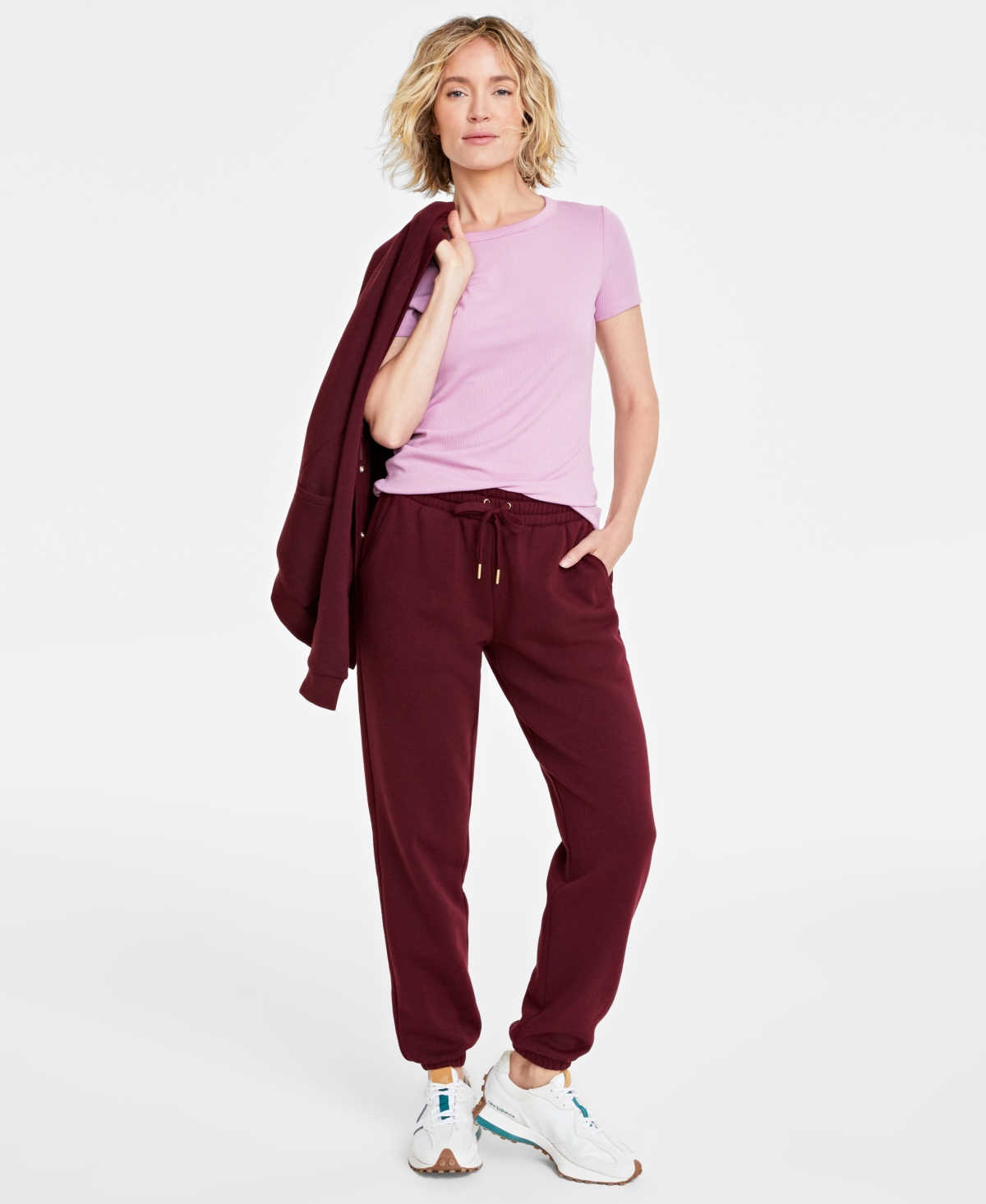 On 34th Women's Heathered Fleece Jogger Pants, Created For Macy's In Red Plum Heather
