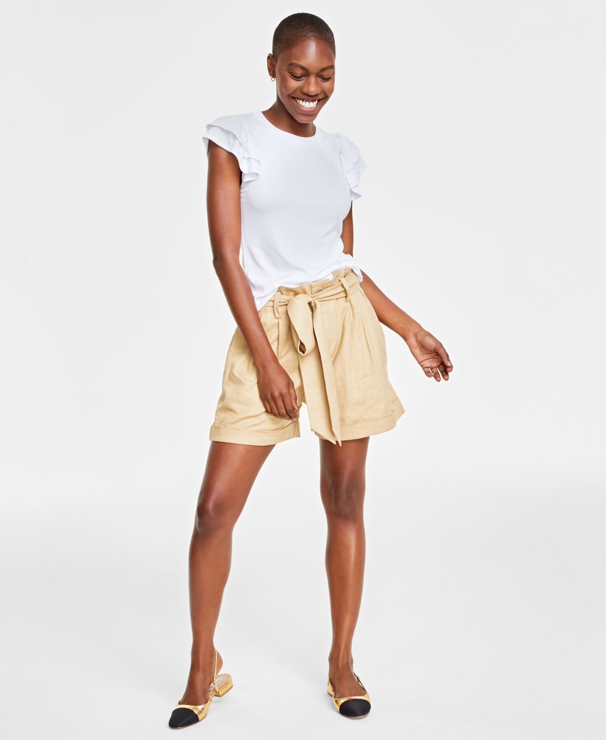 Women's Paperbag-Waist Belted Shorts, Created for Macy's - Coffee Cream
