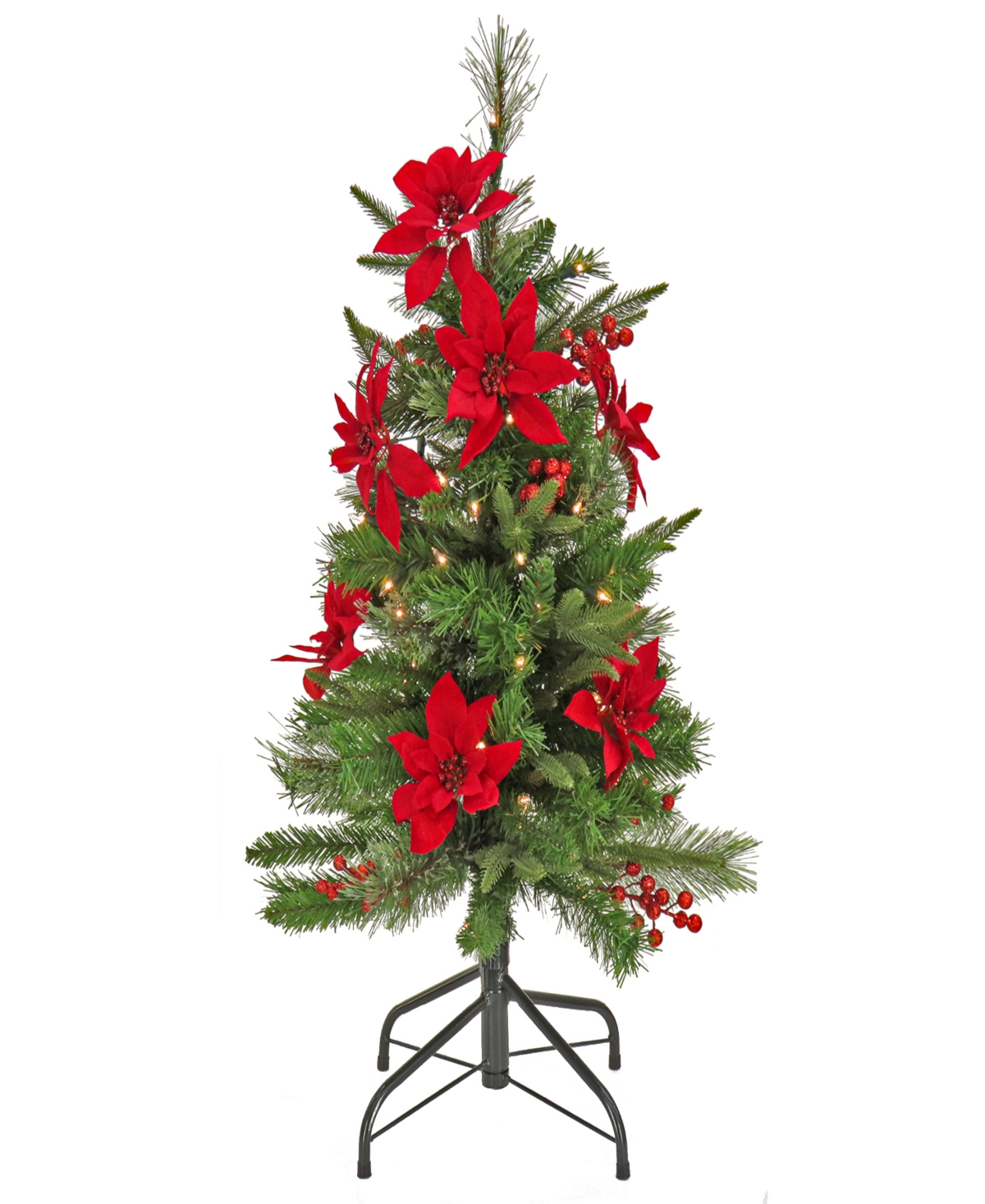 National Tree Company 3' Feel Real Colonial Pencil Slim Hinged Tree With Poinsettias, Berries 50 Clear Lights In Green