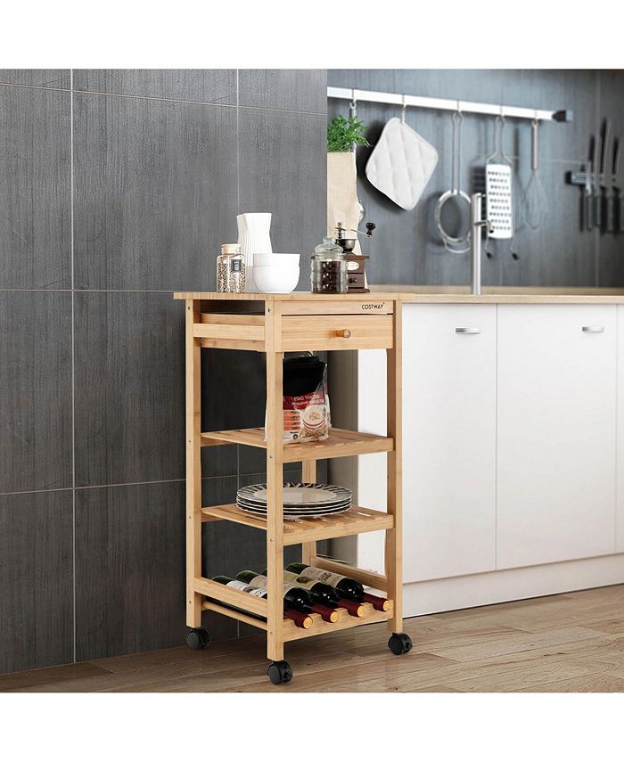 Costway Bamboo Rolling Kitchen Island Utility Trolley Cart w/Drawer