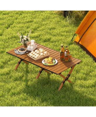 Folding Aluminum Camping Table with Carry Bag Roll-Up Picnic Table with Wood Grain