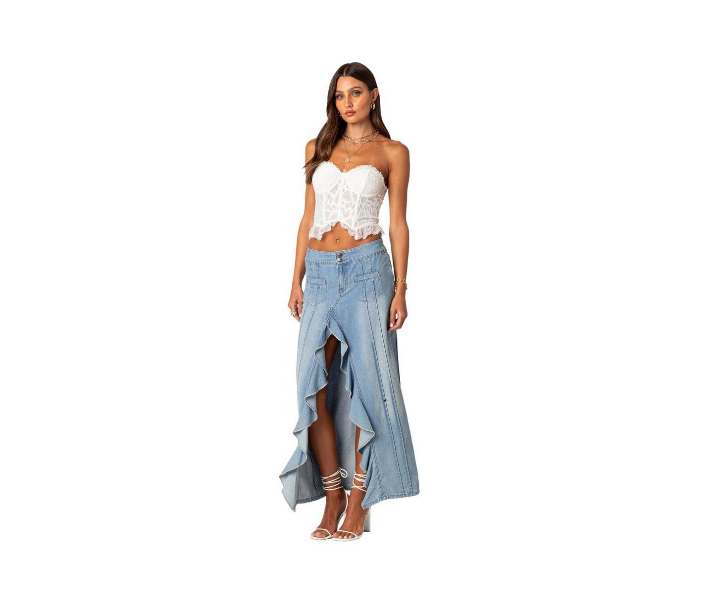 Женская юбка Edikted Valencia Ruffle Slitted Denim Maxi, цвет: Синий — фото 3