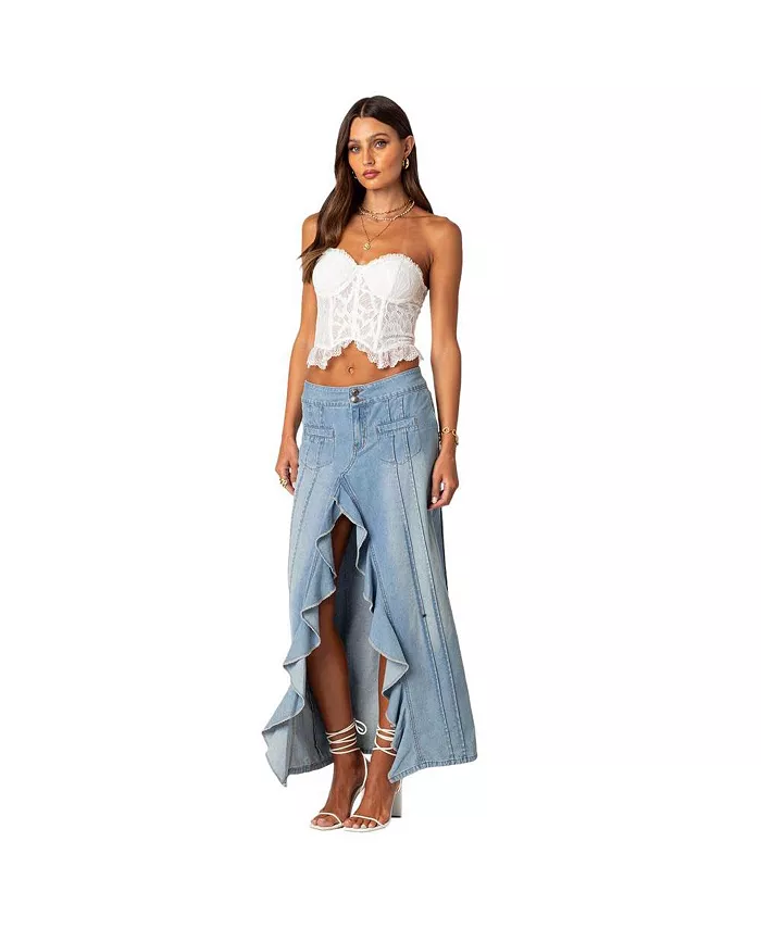 Women's Valencia Ruffle Slitted Denim Maxi Skirt - thumbnail 3