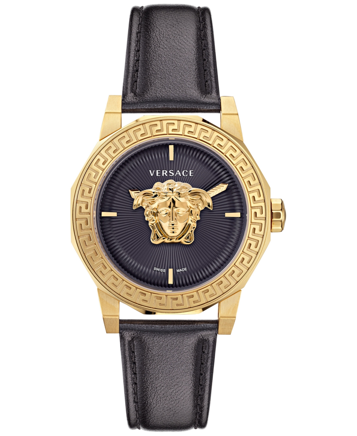 Shop Versace Women's Swiss Medusa Deco Black Leather Strap Watch 38mm In Ip Yellow Gold