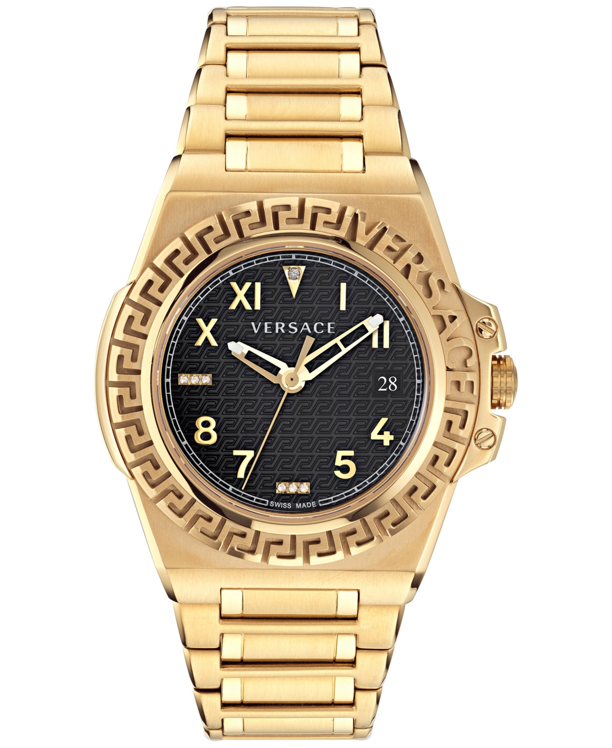 Versace Men's Swiss Greca Reaction Diamond Accent Gold Ion Plated Stainless Steel Bracelet Watch 44mm In Ip Yellow Gold