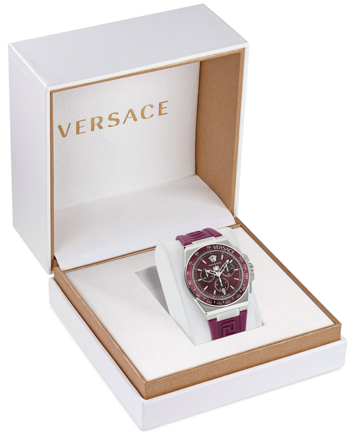 Shop Versace Men's Swiss Chronograph Greca Extreme Burgundy Silicone Strap Watch 45mm In Stainless Steel