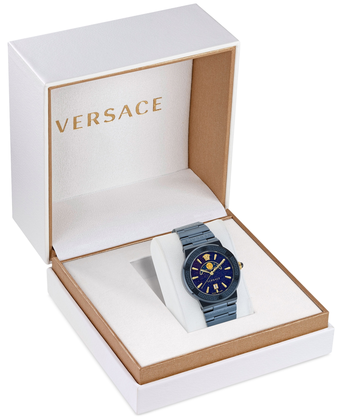 Shop Versace Women's Swiss Greca Logo Blue Ion Plated Stainless Steel Bracelet Watch 38mm In Ip Blue