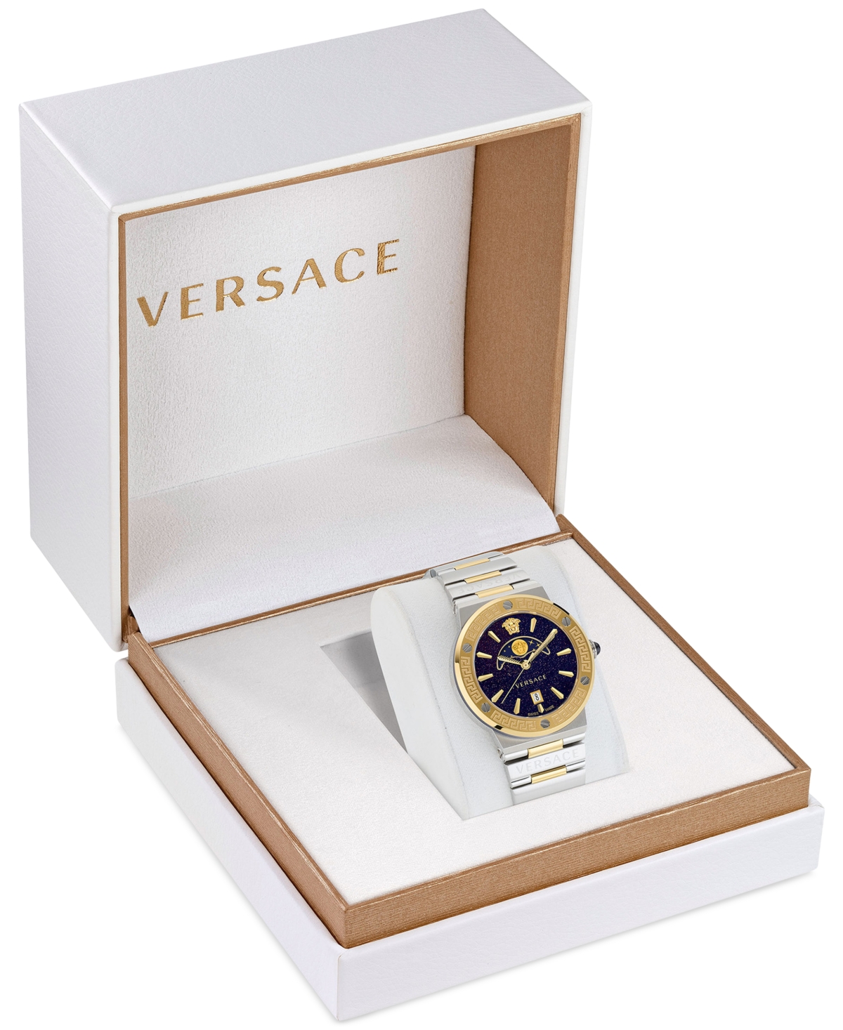 Shop Versace Women's Swiss Greca Logo Two-tone Stainless Steel Bracelet Watch 38mm In Two Tone